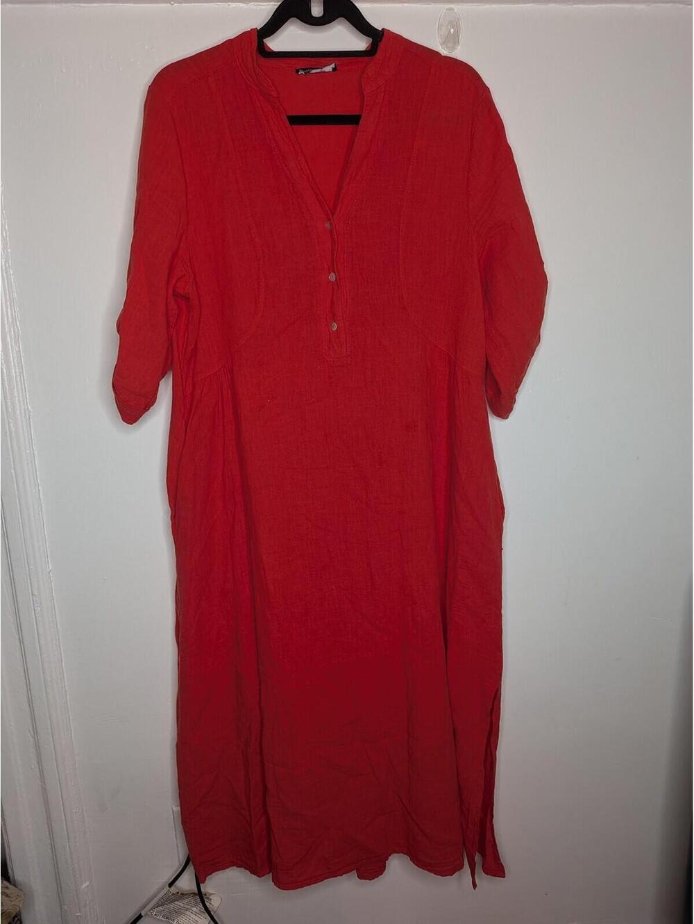 Francesca Bettini Shirt Dress Womens L Red Henley Roll Tab Sleeve Pockets Maxi